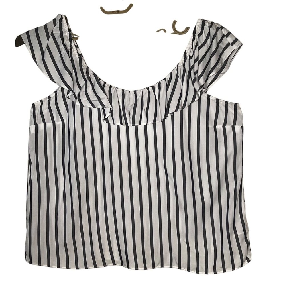 Old Navy Womens XL Off-Shoulder Striped Ruffle Top Gray/White Blouse Lightweight